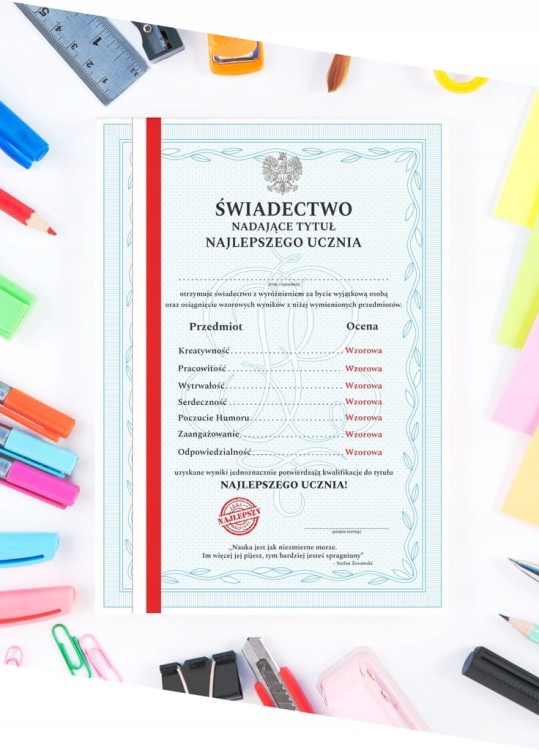 Świadectwo Najlepszego Ucznia A4 - tył pusty, miejsce na życzenia absolwenta