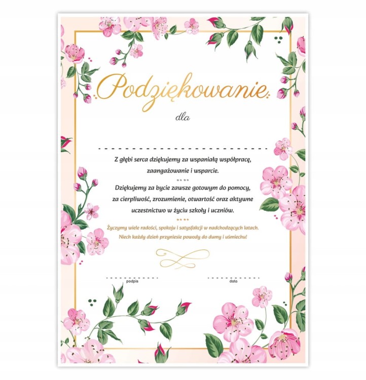 Dyplom podziękowania dla nauczyciela motyw wiśni na zakończenie szkoły A4