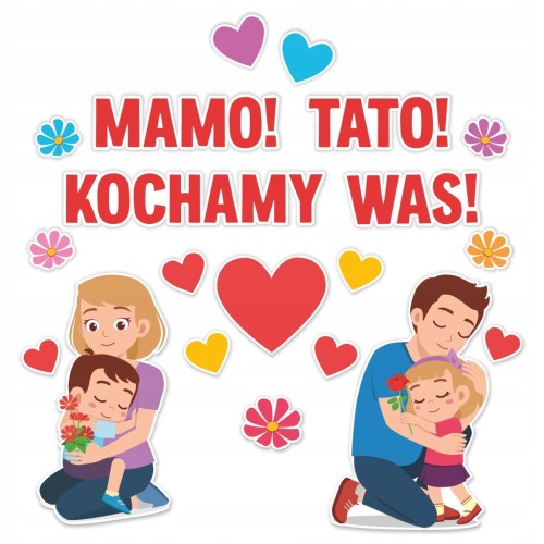 Dekoracja szkolna Dzień Mamy i Taty - napis Mamo Tato Kochamy Was z postaciami