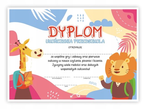 Dyplom ukończenia przedszkola z motywem lwa - kolorowy certyfikat A4