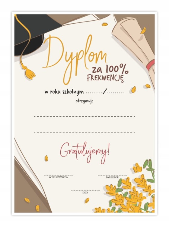 Dyplom za wzorową frekwencję dla ucznia format A4