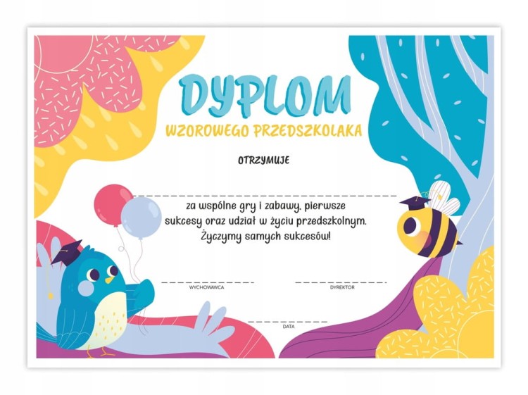 Dyplom wzorowego przedszkolaka Ptaszek A4 - dyplom na zakończenie roku w przedszkolu