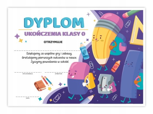 Dyplom ukończenia zerówki z motywem przyborów szkolnych - certyfikat A4