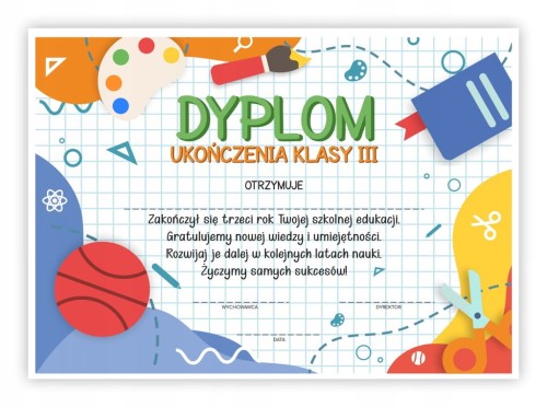 Dyplom ukończenia klasy 3 z motywem zeszytu, format A4, zakończenie roku szkolnego