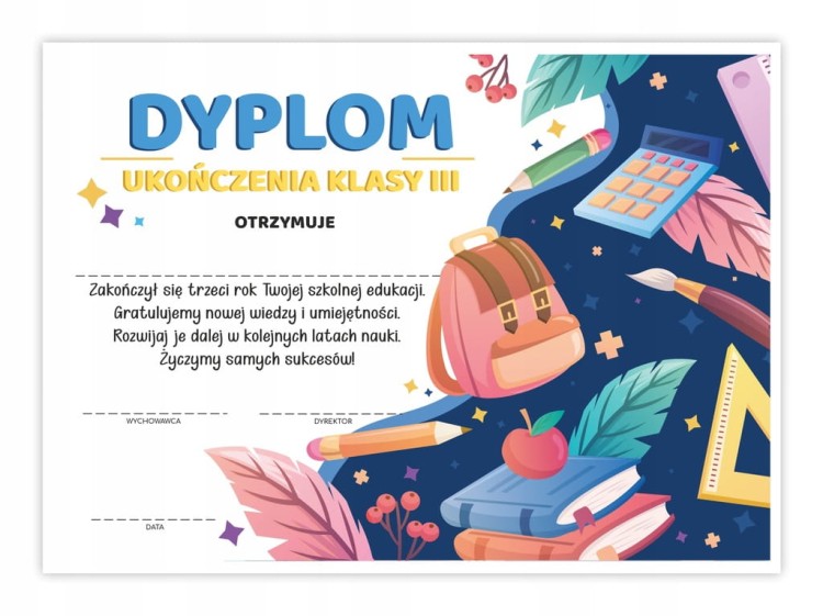 Dyplom ukończenia klasy 3 z motywem plecaka, format A4, zakończenie roku szkolnego