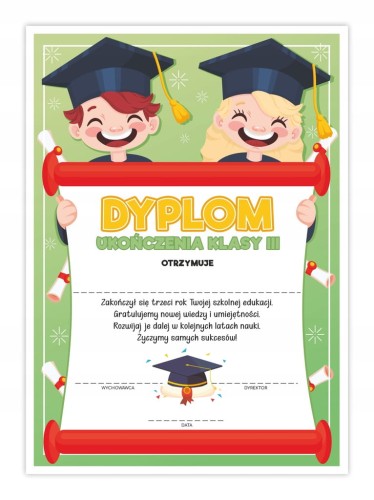 Dyplom ukończenia klasy 3 z motywem uśmiechu, format A4, zakończenie roku szkolnego