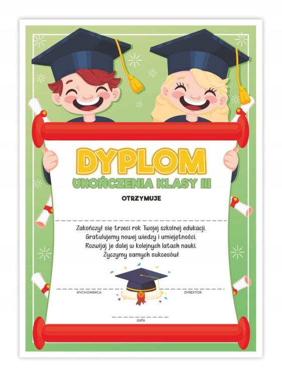 Dyplom ukończenia klasy 3 z motywem uśmiechu, format A4, zakończenie roku szkolnego