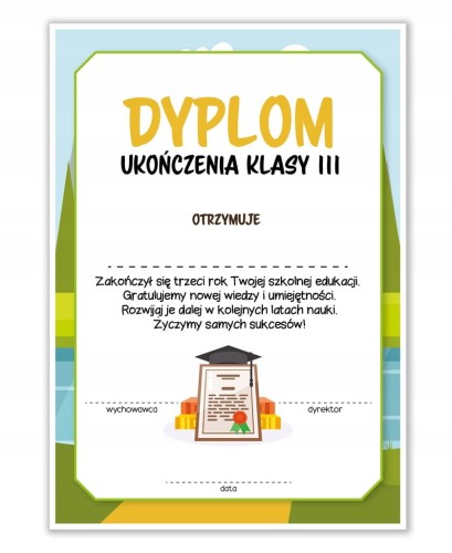 Dyplom ukończenia klasy 3 certyfikat, format A4, zakończenie roku szkolnego