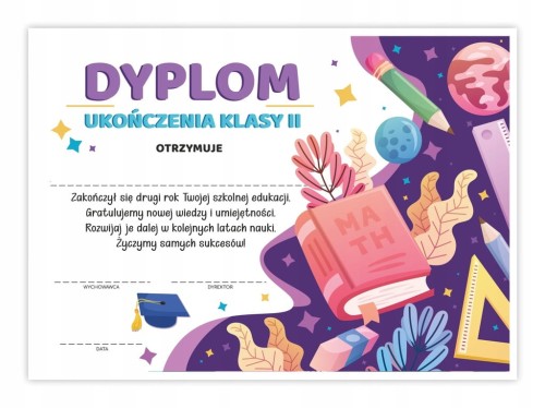 Dyplom ukończenia klasy 2 z motywem książki, format A4, zakończenie roku szkolnego