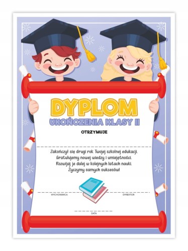 Dyplom ukończenia klasy 2 z motywem uśmiechu, format A4, zakończenie roku szkolnego