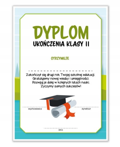 Dyplom ukończenia klasy 2 z motywem biretu, format A4, zakończenie roku szkolnego