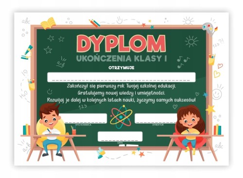 Dyplom ukończenia klasy 1 z motywem tablicy, format A4, zakończenie roku szkolnego