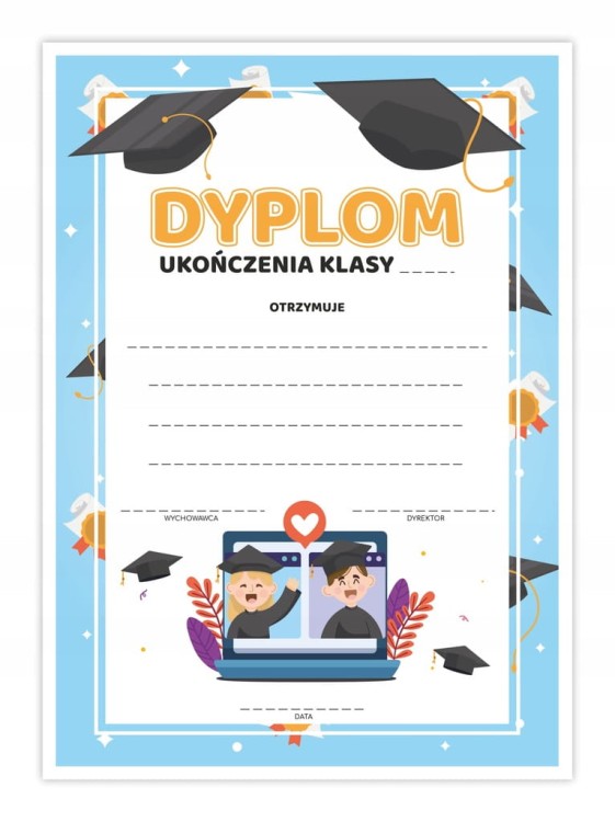 Dyplom szkolny uniwersalny z motywem biretów format A4