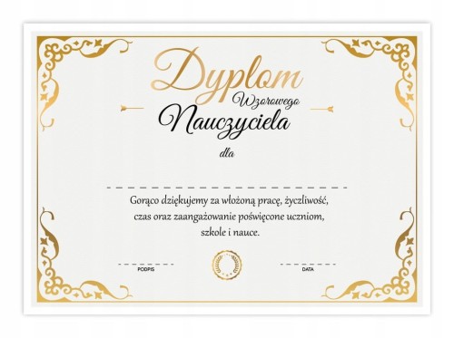 Dyplom Wzorowego Nauczyciela A4 - certyfikat w złotej odsłonie