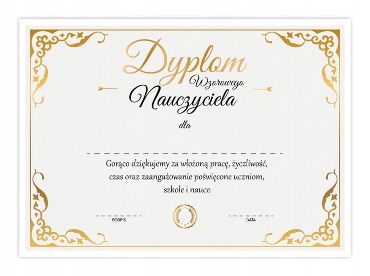 Dyplom Wzorowego Nauczyciela A4 - certyfikat w złotej odsłonie