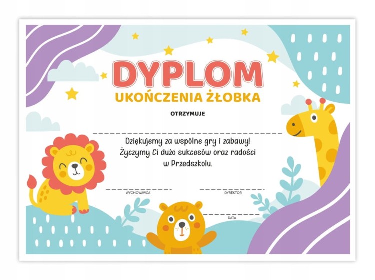 Dyplom ukończenia żłobka A4 z motywem zwierzątek - dla dzieci kończących żłobek