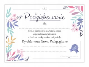 Dyplom Podziękowanie - Fiolet - Certyfikaty Koniec Roku Szkolnego A4