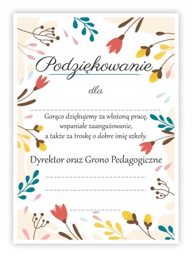 Dyplom podziękowania z kwiatami na zakończenie roku szkolnego A4