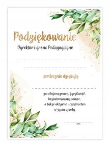 Dyplom Podziękowanie - Listki - Certyfikaty Koniec Roku Szkolnego A4