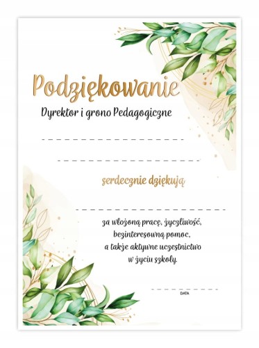 Dyplom podziękowanie dla nauczyciela A4 z motywem listków - koniec roku szkolnego