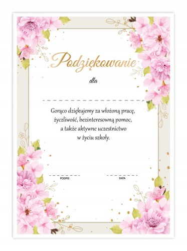Dyplom podziękowanie dla nauczyciela A4 z motywem wiśni - koniec roku szkolnego