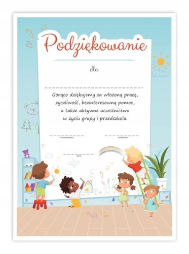 Dyplom podziękowania z motywem dzieci na zakończenie przedszkola A4