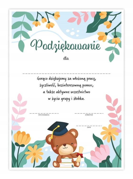 Dyplom podziękowanie dla opiekunki żłobka A4 z motywem misia