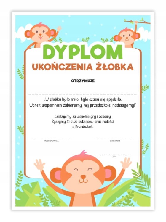 Dyplom ukończenia żłobka A4 z motywem małpek - dla dzieci kończących żłobek