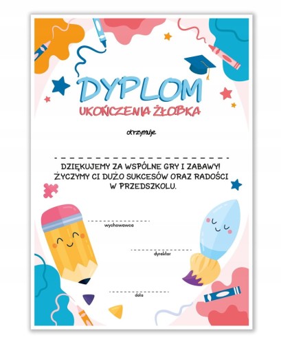 Dyplom ukończenia żłobka A4 z motywem plastycznym - dla dzieci kończących żłobek