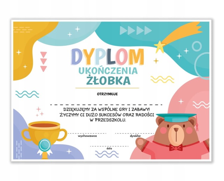 Dyplom ukończenia żłobka A4 z misiem i pucharem - dla dzieci kończących żłobek