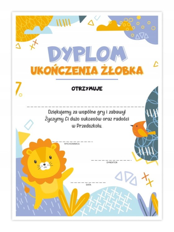 Dyplom ukończenia żłobka A4 z motywem lwa - dla dzieci kończących żłobek