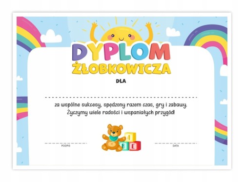 Dyplom żłobkowicza A4 z motywem słonka - zakończenie roku w żłobku