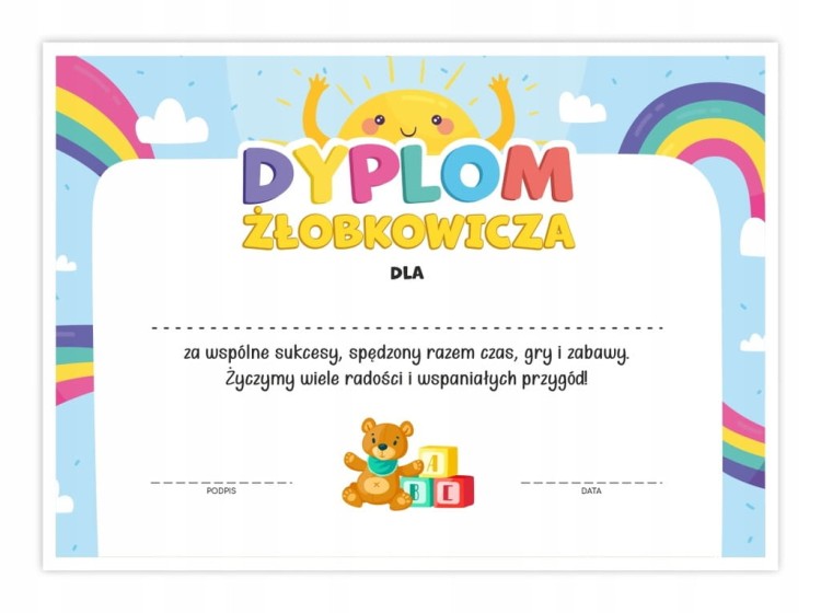 Dyplom żłobkowicza A4 z motywem słonka - zakończenie roku w żłobku