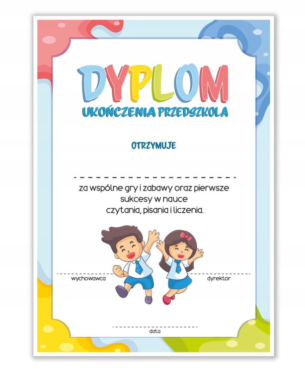 Dyplom ukończenia przedszkola A4 w kolorze niebieskim - dyplom na pożegnanie przedszkola