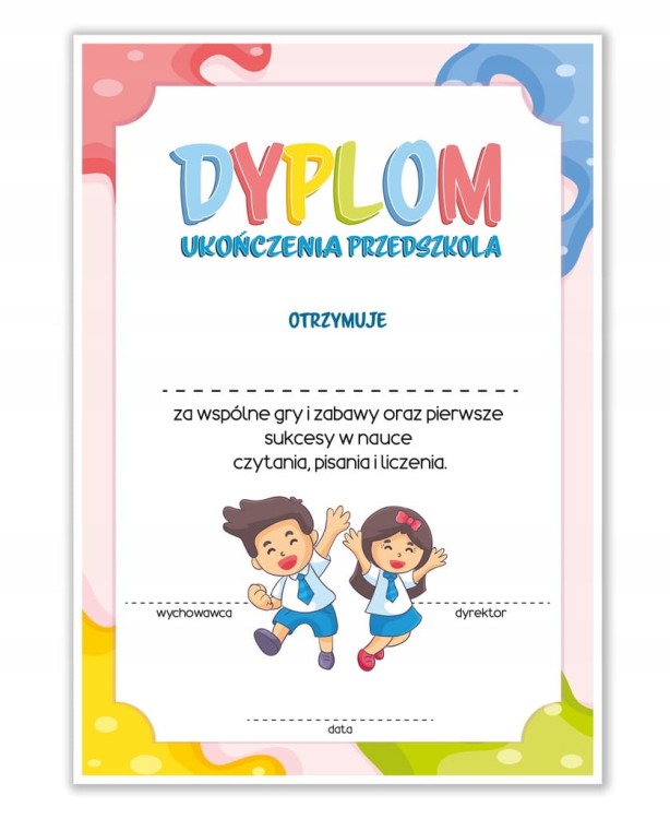 Dyplom ukończenia przedszkola A4 w kolorze różowym - dyplom na pożegnanie przedszkola
