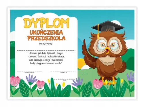 Dyplom ukończenia przedszkola A4 z motywem sowy - dyplom na pożegnanie przedszkola
