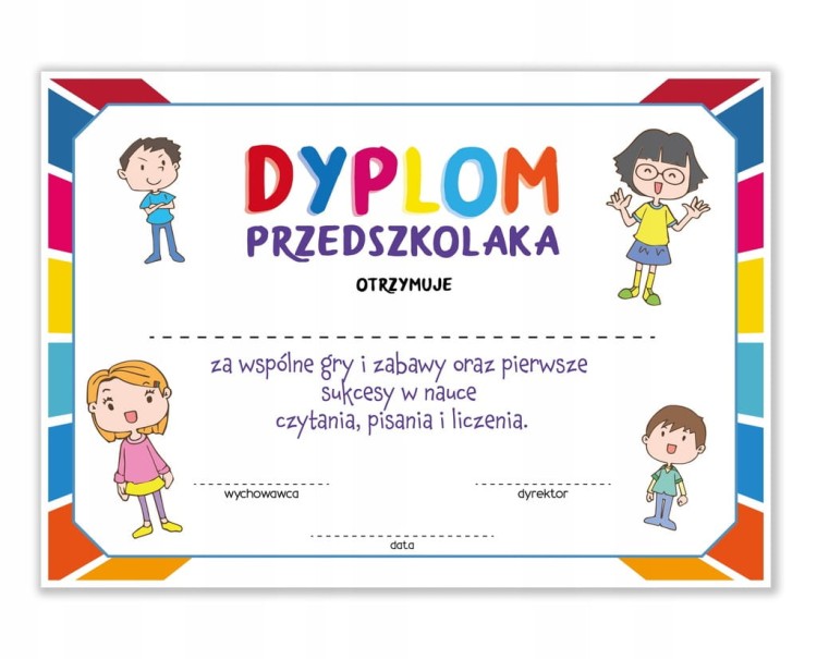 Dyplom przedszkolaka Kolory A4 - kolorowy dyplom z paletą barw na zakończenie roku