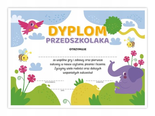 Dyplom przedszkolaka Słonik A4 - kolorowy dyplom na zakończenie roku w przedszkolu