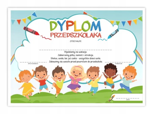 Dyplom przedszkolaka Dzieci A4 - kolorowy dyplom na zakończenie roku w przedszkolu