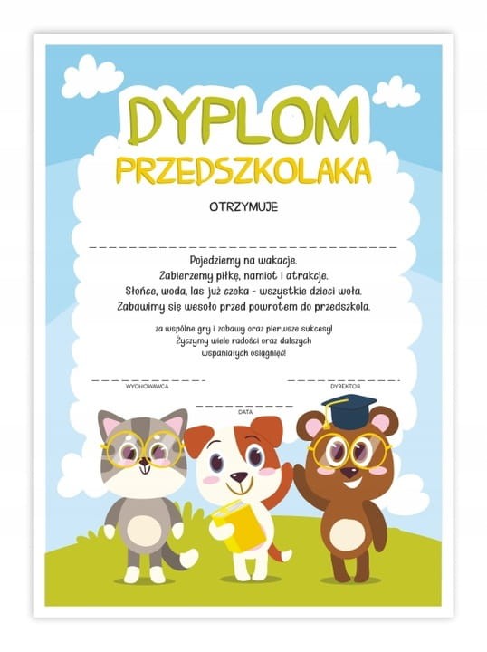 Dyplom przedszkolaka ze zwierzątkami A4 zakończenie przedszkola