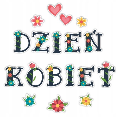 Napis Dzień Kobiet - zbliżenie na kolorowe litery i ozdobne kwiaty