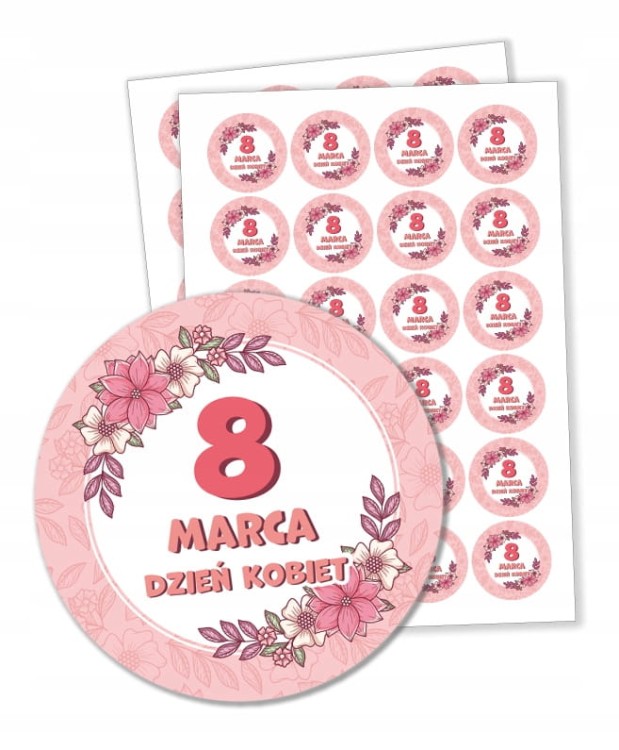 Naklejki 8 marca Dzień Kobiet 4cm zestaw 24 sztuk