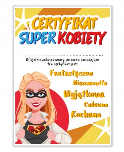 Dyplom Super Kobieta A4 - certyfikat na Dzień Kobiet z kolorową grafiką na grubym papierze
