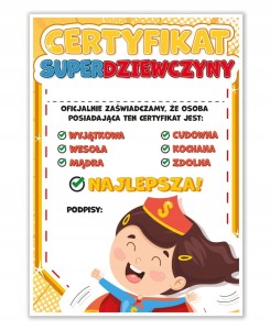 Dyplom Dzień Kobiet - Certyfikat Super Dziewczyny - upominek prezent A4