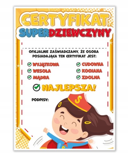 Certyfikat Super Dziewczyny A4 - Dyplom na Dzień Kobiet