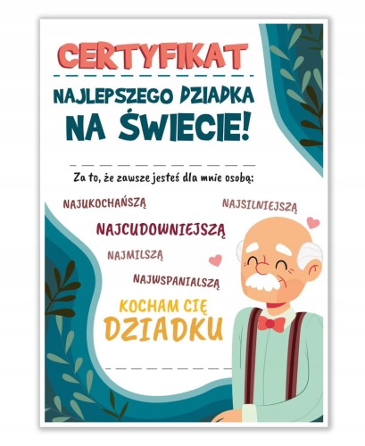 Dyplom dla dziadka A4 z napisem Najlepszy Dziadek na świecie