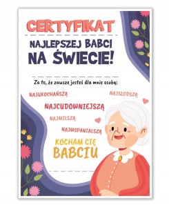 Dyplom Dzień Babci - Najlepsza Babcia - upominek prezent certyfikat A4