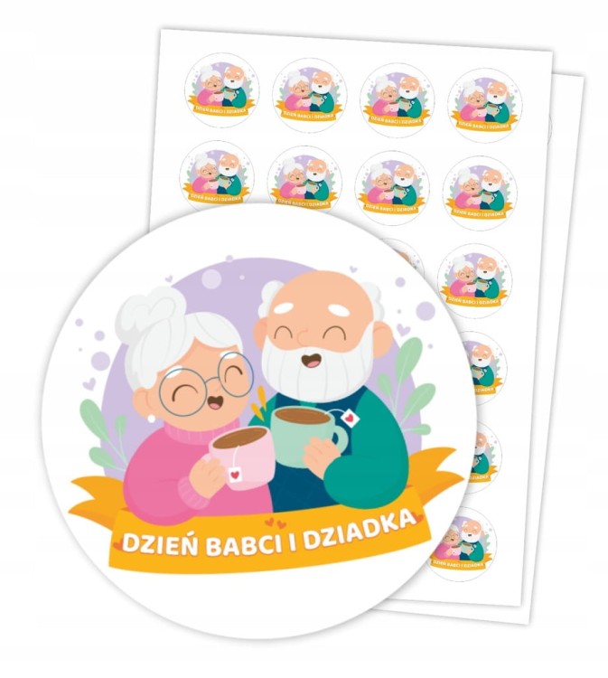 Naklejki na Dzień Babci i Dziadka z napisem DZIADKOWIE 4cm 24 sztuki
