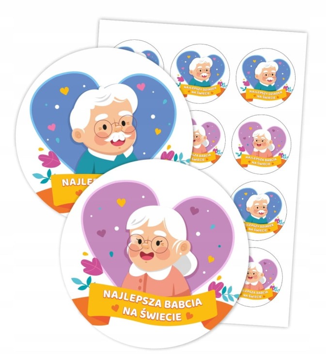 Naklejki MIX Najlepsza Babcia i Najlepszy Dziadek 6cm 12 sztuk