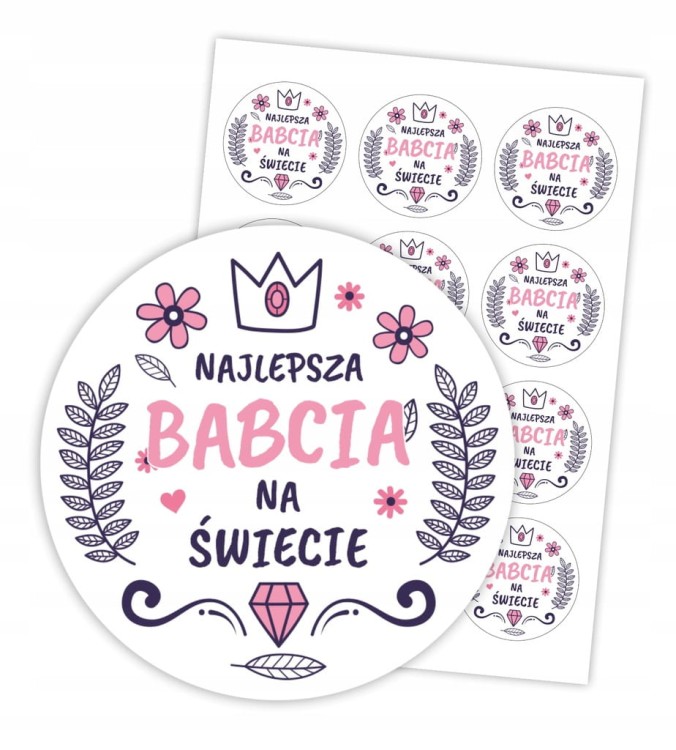 Naklejki Najlepsza Babcia na świecie 6cm 12 sztuk wzór z napisem